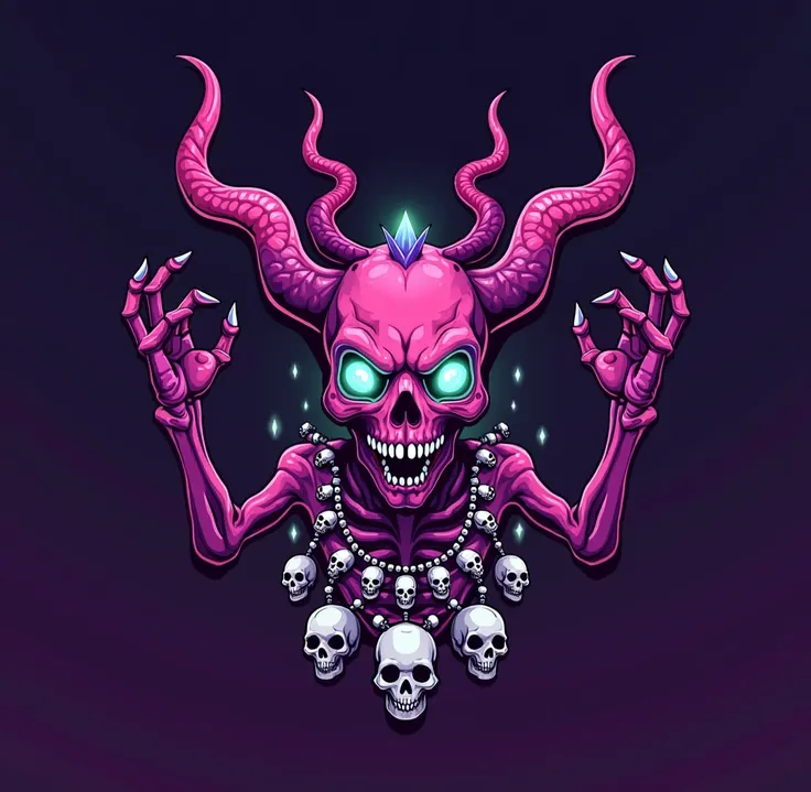 A vibrant, stylized illustration of a demonic skull-like figure, centrally positioned and facing the viewer. The creature is predominantly purple and pink, with glowing green accents in its eyes and adornments.  It possesses multiple horns, three eyes, a f...