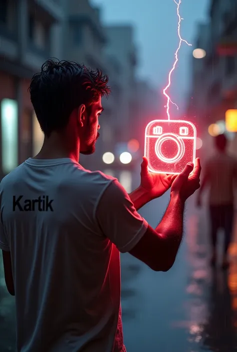  Create A realistic high-definition picture of a rainy scenery, a  Guy wearing tshirt, in his hand emitting a Instagram logo that looks transparent, the Instagram logo inside is red and emits red lightning, soaked in rain, taking an aesthetic photo, with a...