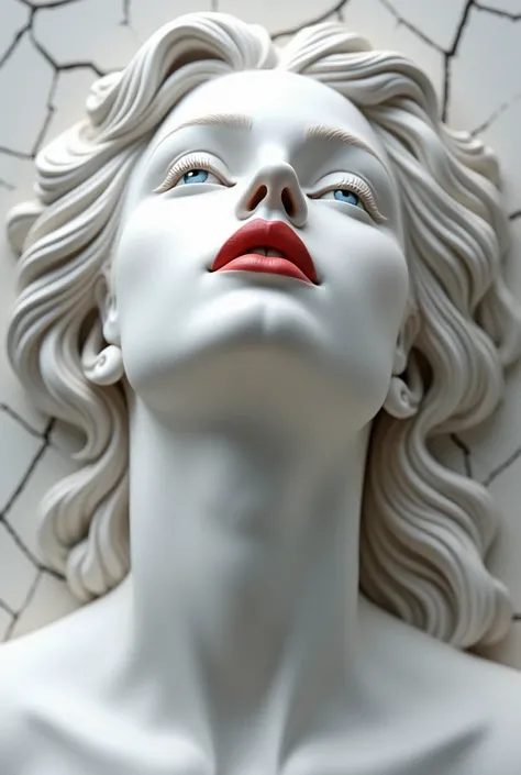 A hyper-detailed nude  portrait of a tridimensionnelle  woman carved entirely from white marble. Her head is tilted upward, emphasizing her intricately etched eyelashes and soft, flowing hair that appears to be part of the sculpture. Her lips are painted w...