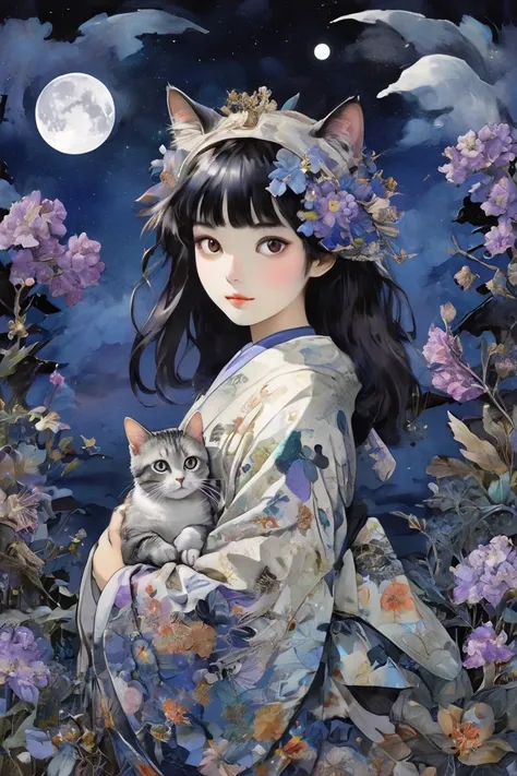 睨むCat girl, surreal collage, Midnight,ghost,Yokai,a contemporary artistic collage, collage artwork,      new album jacket  ,  Great Job ! , digital collage, ( collage ), collage art, contemporary collage, mixed media collage,  surreal +  high definition 、 ...