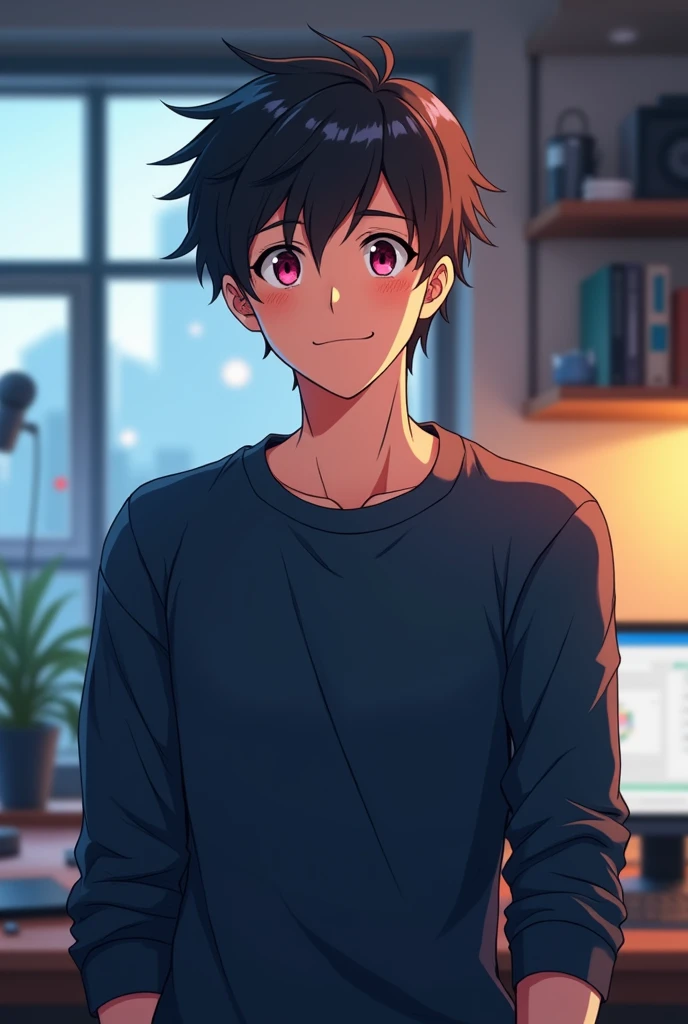 Create an anime-style boy with a mature, manly appearance, standing confidently in his YouTube content creator studio. He faces forward with a warm, friendly smile, exuding a professional yet approachable vibe. The character is wearing a dark blue, long-sl...