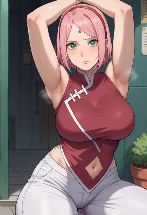 score_9, score_8_up, score_7_up,,nsfw, 1girl, Haruno Sakura, pink hair, short hair, green eyes, forehead mark, hairband,
red sleeveless dress, navel, large breasts, white pants,In a dim alley  ,side,side wrinkles,side smell,side juice,arms up,stretch,(exce...