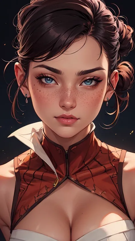 uma mulher nua com as mãos atadas com um grande laço de presente com vários presentes ao seu redor , E enfeites de Natal com as duas mãos atadas a close up of a woman with freckles on her face, lois van rossdraws, rossdraws portrait, alena aenami and artge...