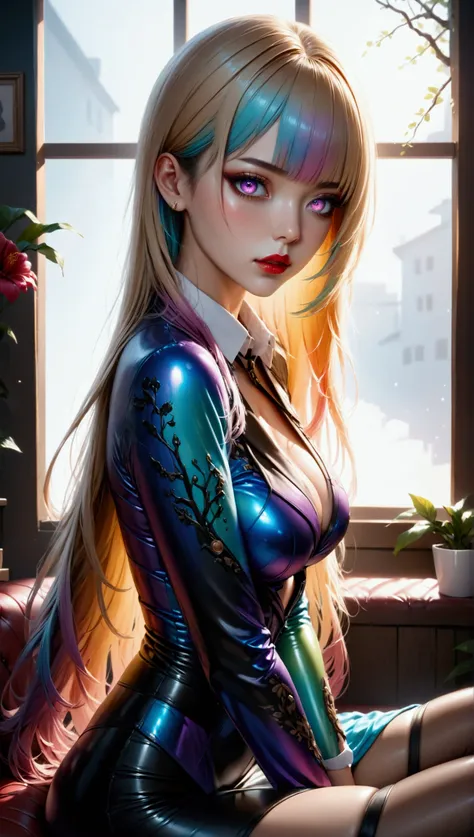 (masterpiece, aesthetic, detailed eyes, realistic), 1girl, mahiru shiina, angel next door spoils me rotten, Long smooth straight golden color hair, gradient eyes from red to violet, large bust, large hips, slim waist, sitting in suit, super detail, ultra s...