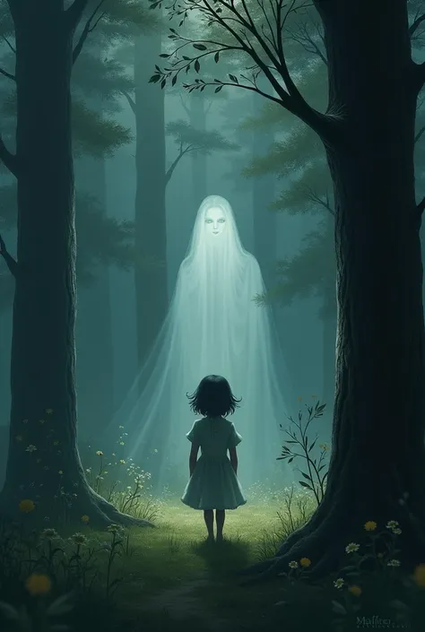 
girl see gost  behind tree on Silent Forest
