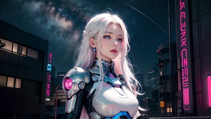  actual ,   high resolution, Miss,   shiny skin ,  Unique , Tattoo, jewelry,  pink lips ,   long hair, White hair,   blue eyes  , Residence,   hip up  , girl,Mechanical parts, United,   single robotic arm  ,   starry sky  , Aura Ground ，Behind it is a futu...