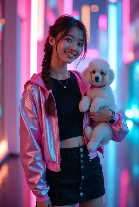 A beautiful Korean women  with long textured brown hair parted in the middle braided back on both sides then into a fishtail braid , wear a black t shirt with pink iridescent crop jacket, black mini skirt, black long boots, smilling, standing, hugging whit...