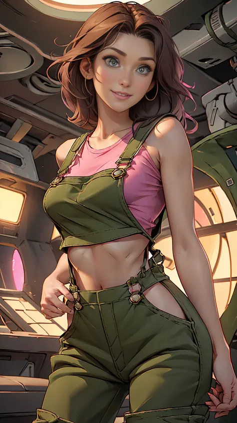 ((1girl)), Jewel Staite as Kaylee from Firefly, ((undone olive green overalls)), ((short pink crop top)), ((long brunette hair)), perfect breasts, sexy pose, thin and skinny, toned body, smile, spaceship engine