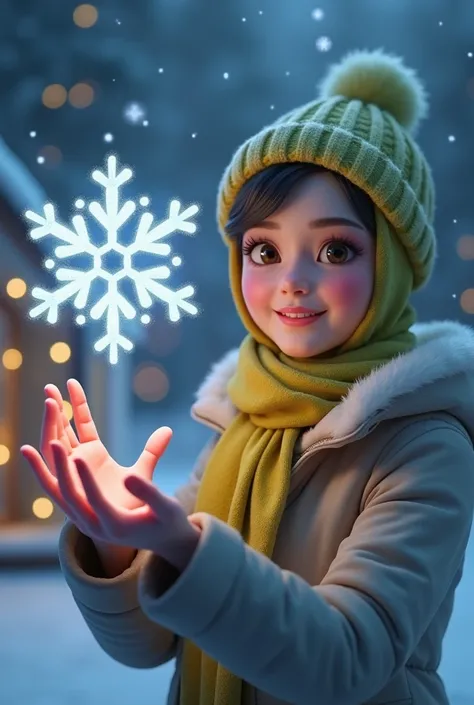  a white Asian woman wearing a hijab wearing winter clothes and a lime-colored knit hat. stands smiling facing the camera . Her right hand pulled out a very dazzling snowflake and flew .  magical atmosphere .  Night background in front of a glass mini ice ...