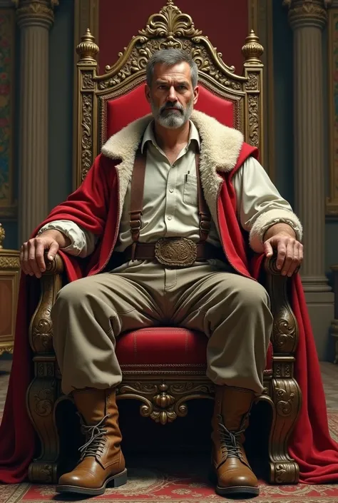 The king was sitting on the throne while wearing his work clothes 