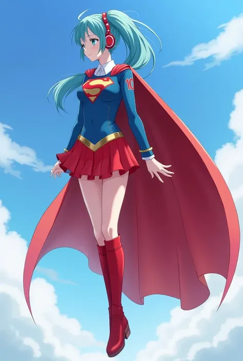 Hatsunemiku,miku, supergirl, white collar, has long ocean blue T-shirt, full body portrait, frontal photo, wearing Supergirls ocean blue suit and red skirt, V-shaped metal belt, golden S-shaped Superman logo on the clothes, white skin, Anime hd style, very...