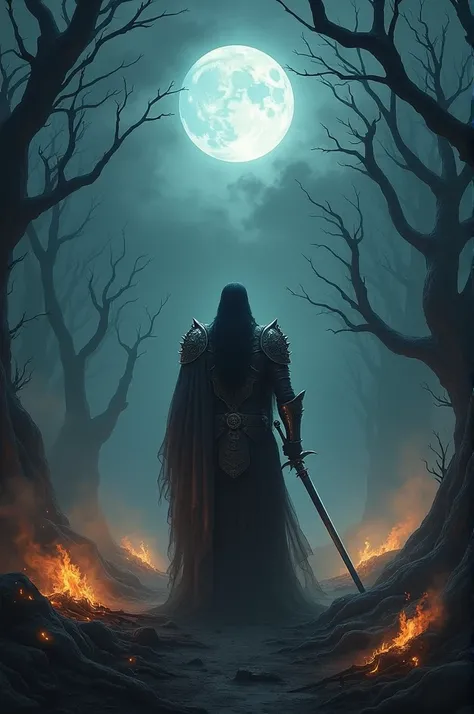 A dark and eerie cremation ground at midnight, with faint glowing funeral pyres casting flickering light. Twisted, barren trees stand silhouetted against the smoky haze. A majestic King Vikramaditya in shining armor and royal attire, holding a gleaming swo...