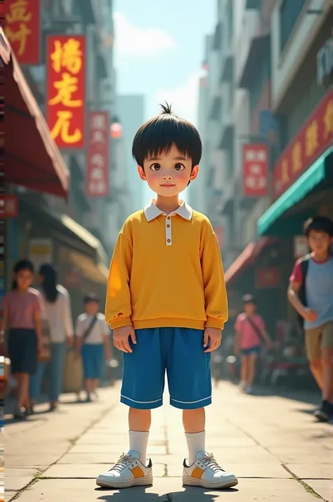 A  Chinese boy dressed as NOBITA NOBI, a main character of a popular Japanese anime DORAEMON, wears a yellow long-sleeved shirt with white collar, blue shorts, a white overknee socks and sneakers, in Mongkok, Hong Kong.