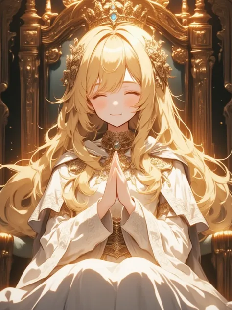 Grateful girl, blonde long hairs, with white dress and cloak, the crown in the head, sit in the throne with the queen, she is very kind, she is sweety smile, full body, high quality, high details, artistic