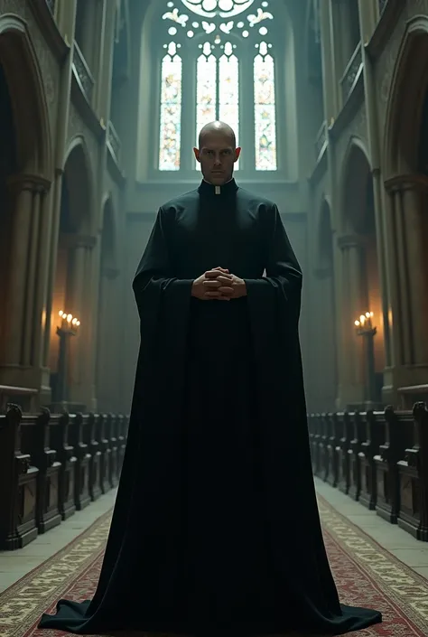 Man in black robes in church that has boldding hair 