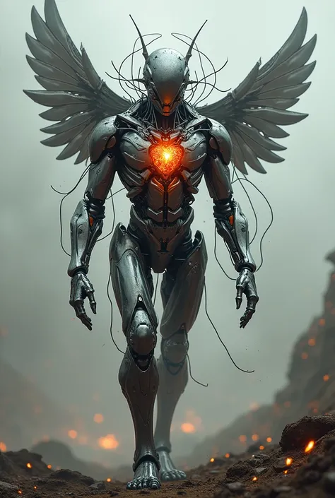  cyborg, wires, apocalyptic, death-like ,colours, glass shard wings,  chrome,  manface, cyborg body, shining backward. The body made by metal shards
Fire heart, the wind blows the future throug us.
warcode