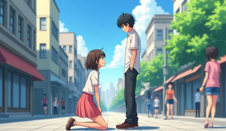 a cute woman kneeling in front of a man , on the street ,  anime style 