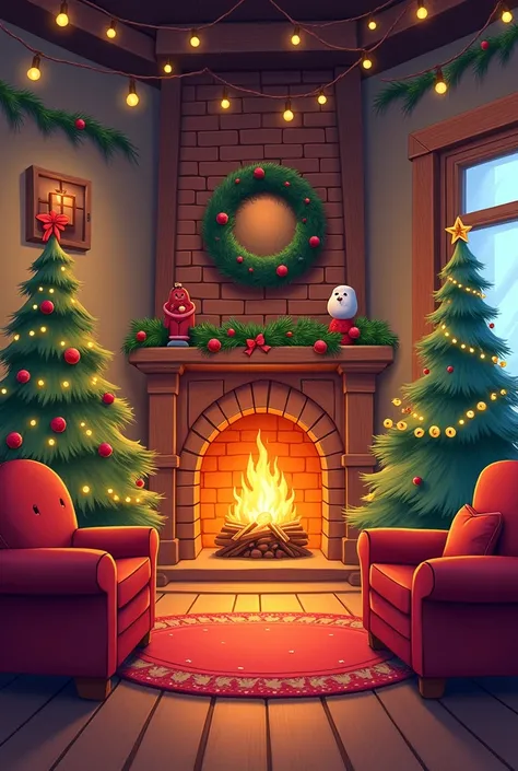 A cartoon style digital art of a room with Christmas decorations and a fireplace