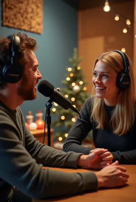 I need youtube thumbnail for english podcast of one man and women at podcast studio talking about December and Christmas tradition 