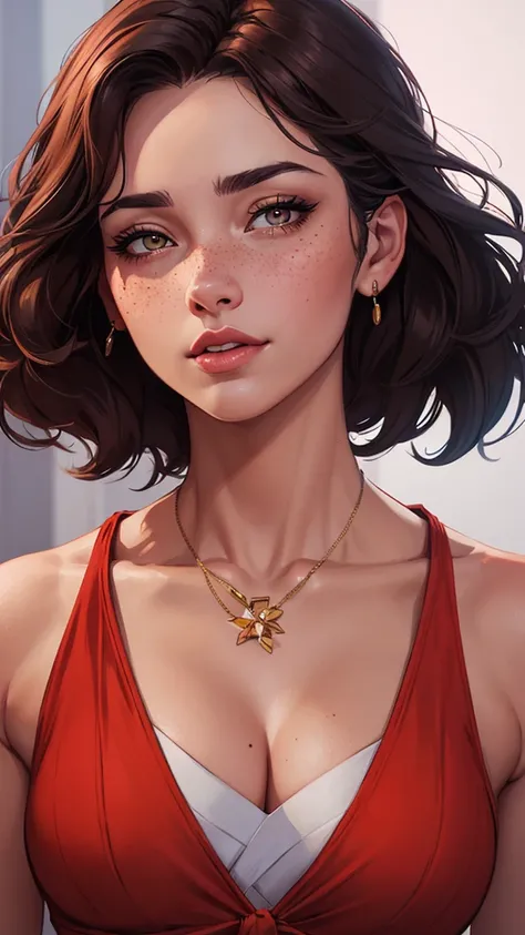 uma mulher nua com as mãos atadas com um grande laço de presente com vários presentes ao seu redor , E enfeites de Natal com as duas mãos atadas a close up of a woman with freckles on her face, lois van rossdraws, rossdraws portrait, alena aenami and artge...