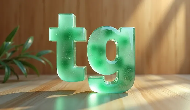 Create photorealistic glossy translucent shiny text name"TG" made of  jade background light brown wood..