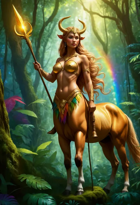 a beauty centaur holding spear, in a deep forest rainbow jungle, she has a glow golden skin and hairy, realistic skin