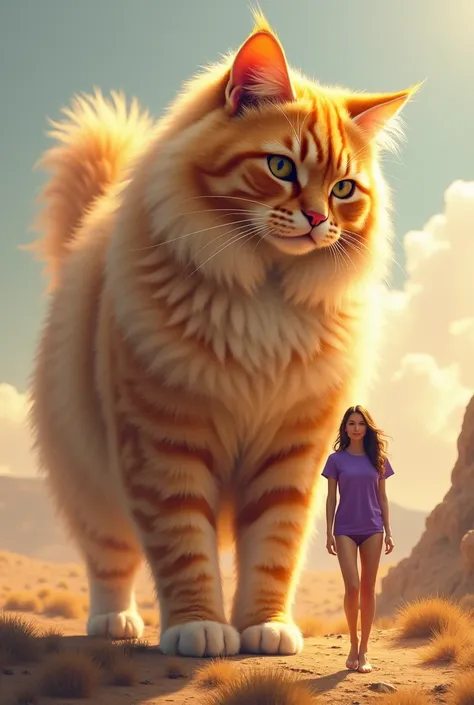 A beautiful woman in a purple tshirt and walking along the edge of a very giant angora orange cat walks together 