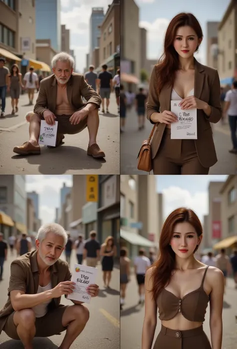 Lisamy , four frames, [image1] a blind old man living in between a bustling city with just an inscription on a sign :  “Im blind ,  please help” .[image2 ] He buy 1 loaf of bread .[image3] She immediately wrote something on the back of his sign [image4] th...