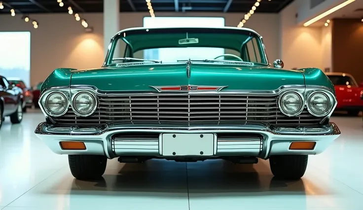 Fornt  view of painted with galemy color Emerald green metallic   (old Chevrolet Impala in  large shape hatchback in large size with  logo  on its large detailed grille in shiny white colour with  design captured from front  view with modified sleek backli...