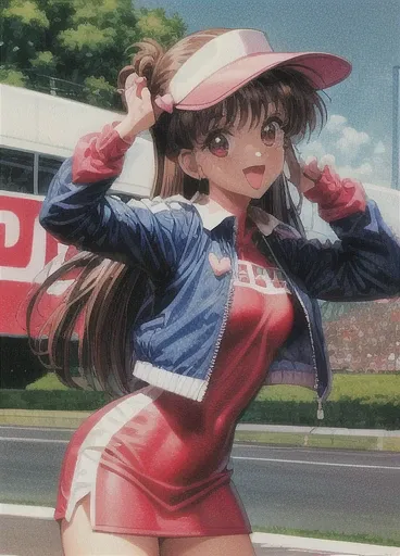 Asusdol,  1 girl, Alone,  visor cap, heart,  hair ornament,  jacket,  dress, open mouth, 1990s ( style for stilets), looking at viewer, smile,  outdoor, null,  Cowboy Shot ,  clevis cut out,  race queen 、lean forward