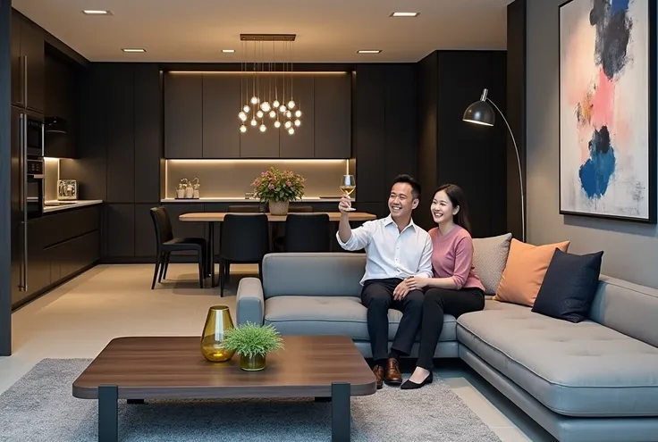 A photorealistic image of a sophisticated, Milan-inspired modern living space that seamlessly blends architecture, art, and modernism. The scene features a Japanese couple in their 40s or 50s sitting comfortably on a sleek gray sofa, enjoying a relaxed mom...