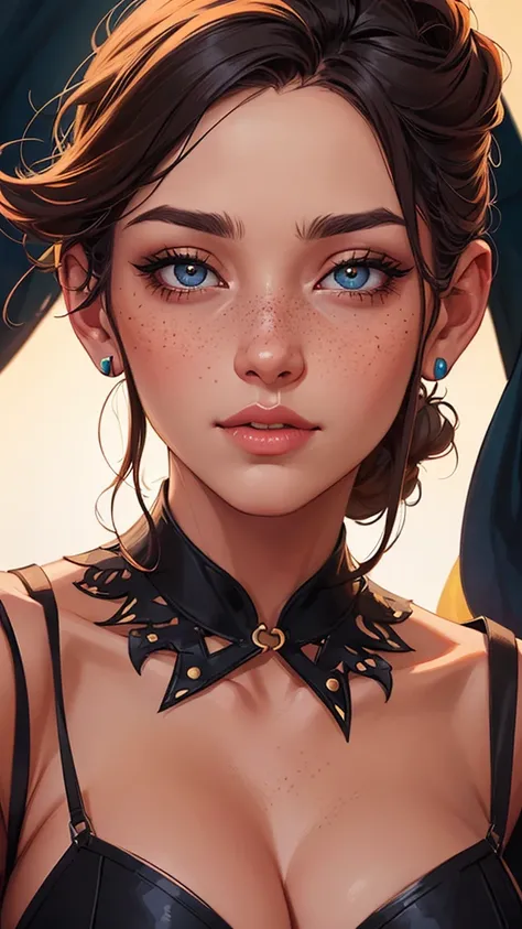 uma mulher nua com as mãos atadas com um grande laço de presente com vários presentes ao seu redor , E enfeites de Natal com as duas mãos atadas a close up of a woman with freckles on her face, lois van rossdraws, rossdraws portrait, alena aenami and artge...