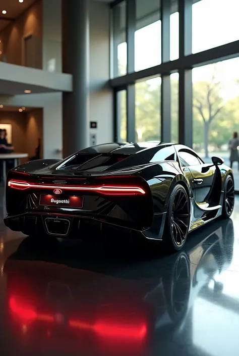 "Generate an image of the 2025 Bugatti La Voiture Noire with a sleek, futuristic rear design, featuring a full, reflective high-gloss bright black shiny hue shiny hue paint finish that shines brightly under natural light. The taillights should have a sharp...