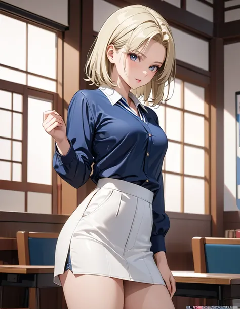 ( Japanese anime style ),  cute, ( android１８Number:1.5),  Cowboy Shot ,  Female Teacher, masterpiece:1.5, masterpiece, highest quality, UHD, retina, masterpiece, accurate anatomy, super detailed, high quality, best quality, 8k