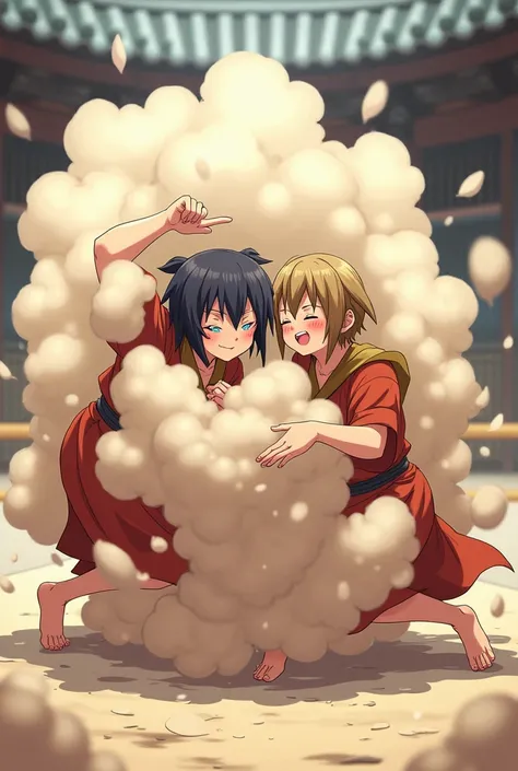 An anime-style art depicting  monk-girls playfully wrestling with each other inside a  doujou comical fight cloud (dust cloud).
each monk-girl has different  colored hair.
their faces,hands,and feet are visible emerging from the cloud as they tussle humoro...