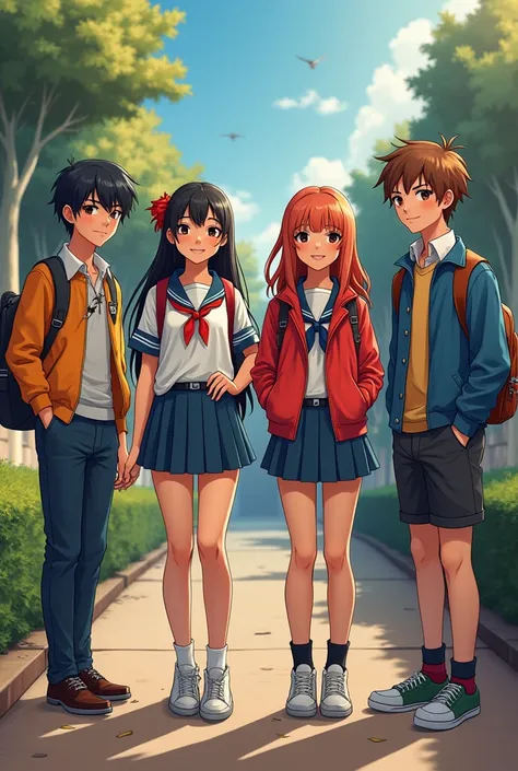 Poster with 4 friends. School nerds and beautiful school ren and one  is addicted to the game, and the ren love folk stories, all the women are realistic people wearing school uniforms.