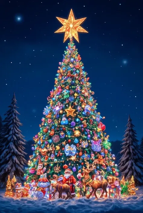 ( top quality, very detailed depiction, incredible high resolution ,), giant Christmas tree decorated for Christmas , Big Christmas Tree Like a Building , Gorgeous Illuminations ,Brilliant Light,Christmas Decorations , Big Star Ornament on the Top of the C...