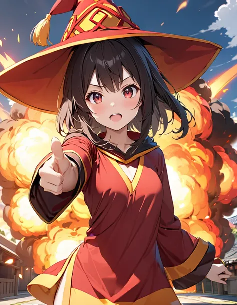 ( Japanese anime style ),  cute, (Megumin:1.5),  Cowboy Shot , Explosion Magic, masterpiece:1.5, masterpiece, highest quality, UHD, retina, masterpiece, accurate anatomy, super detailed, high quality, best quality, 8k