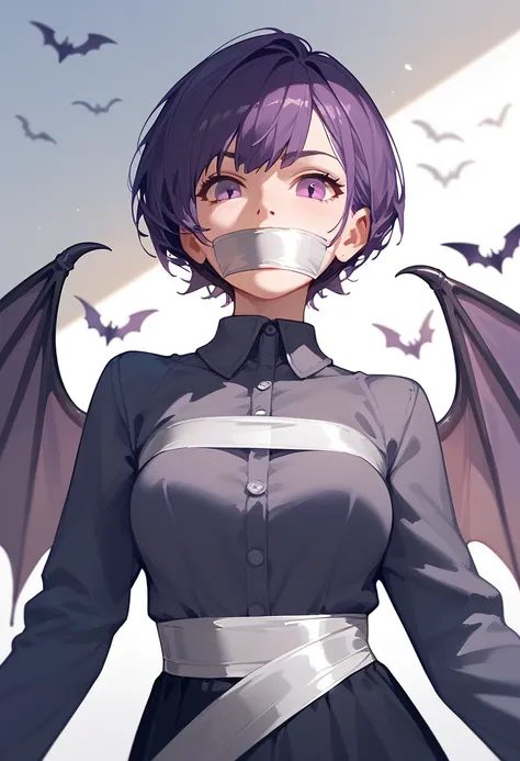 1girl,mask,solo,black_hair,short_hair,wings,long_sleeves,bat_wings,purple_eyes,gag,gagged,tape,improvised_gag,tape_gag