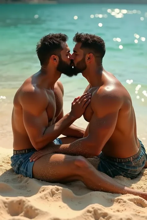 two Sexy muscular shirtless American Aquamans  in beach , kissing in sand and body coverd in sand, kissing in pillow position touching a chest 