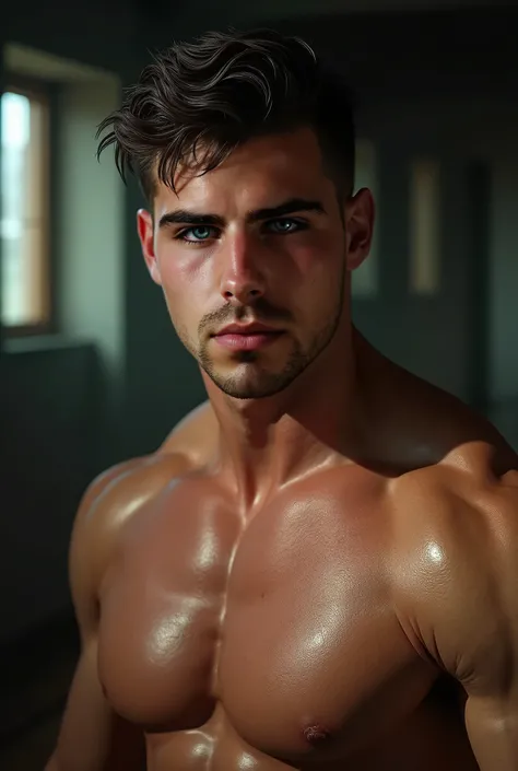 a ripped 20 year old muscular bodybuilder man, beautiful detailed face, piercing green eyes, short dark hair, strong jawline, intricate facial features, dramatic lighting, (best quality,4k,8k,highres,masterpiece:1.2),ultra-detailed,(realistic,photorealisti...