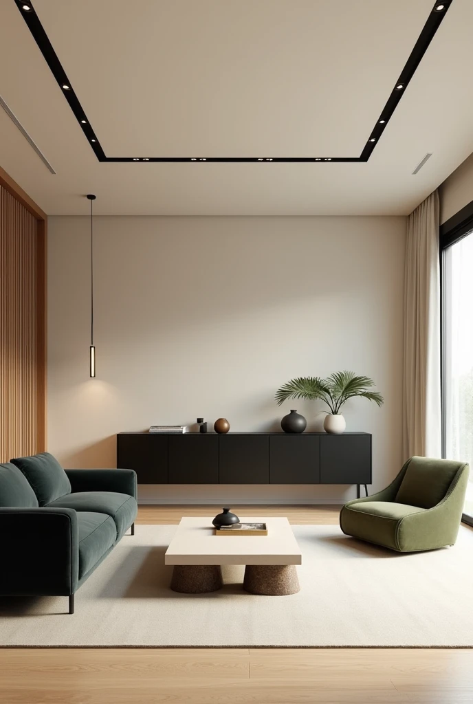 PROFESSIONAL THREE-DIMENSIONAL ARCHITECTURAL RENDERING IN MINIMAL/MODERN STYLE AND JAPANESE AND SINGLE DESIGN OF A ROOM WITH AN AREA OF 10 METERS LONG AND 8 METERS WIDE WITH A MODERN AND STYLISH DOUBLE COMFORT MADE OF DARK VELVET AND A BACKLESS COMFORT MAD...