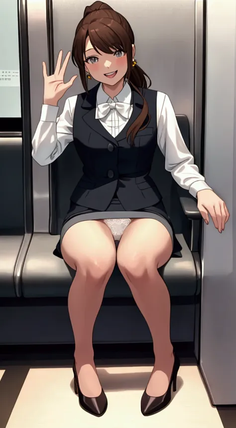 { top quality}, {Super beautiful},{ Ultra-Fine},{ BEST ILLUSTRATION},Brown Hair,hime cut, long hair, ponytail, one woman, sits on a train chair、 high heels、 pantyhose、 from the front、 Strike A Pose,Adult female,smile, excited face , earrings,Grey Office Su...