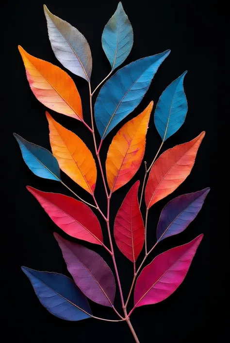 Heres a refined prompt to generate an image from the provided text:

**"Close-up of a group of vibrant, colorful leaves scattered across a dark black background. The leaves are in various shades of blue, orange, red, pink, and purple, overlapping each othe...