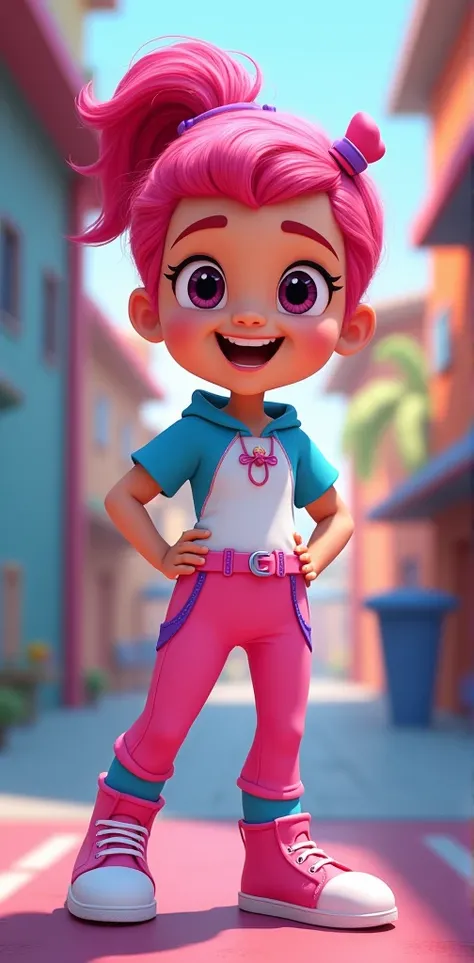 Rosita, pj masks OCs, pink Headbow, pink slicked ponytail hair, white shirt with blue arm short, pink belt with Headbow, pink leggins, pink shoes chunky ankle, 2d animation,