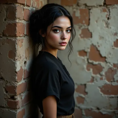 "A young girl standing in front of an old, weathered brick wall, her body positioned sideways to the camera, highlighting her profile. She turns her head slightly to look directly into the camera, her expression calm and introspective. The lighting is soft...