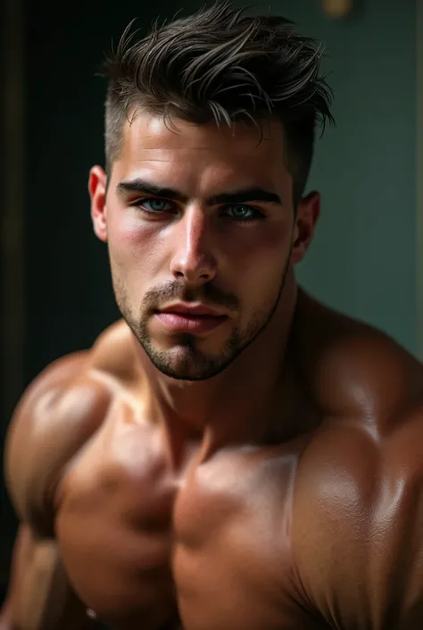 a ripped 20 year old muscular bodybuilder man, beautiful detailed face, piercing green eyes, short dark hair, strong jawline, intricate facial features, dramatic lighting, (best quality,4k,8k,highres,masterpiece:1.2),ultra-detailed,(realistic,photorealisti...