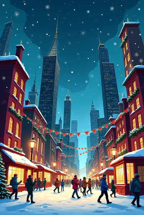 A cartoon style Christmas night city digital drawing