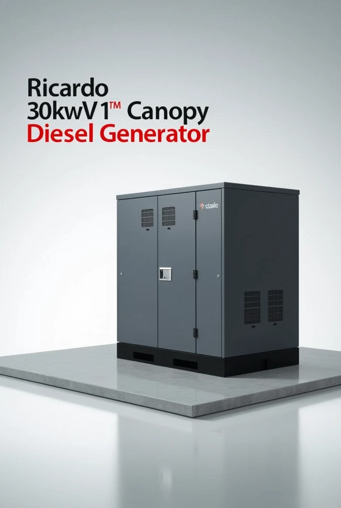 The Ricardo diesel generator on a clean, glossy platform with bright, professional lighting. Add product specifications displayed in bold, modern text in one corner, ensuring the focus remains on the generator. The photo must be of square background.
Produ...