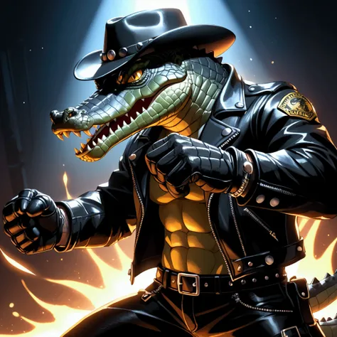 Closeup, Cartoon of an extremely badass anthropomorphic alligator mid-action, wearing an insanely cool rugged black leather biker jacket open, sleek black leather cowboy hat, black leather biker gloves, black leather biker pants, hardcore dynamic fighting ...